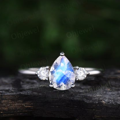 Vintage Pear shaped moonstone engagement ring 14k white gold three stone moissanite ring women sapphire wedding ring set blue gemstone gift