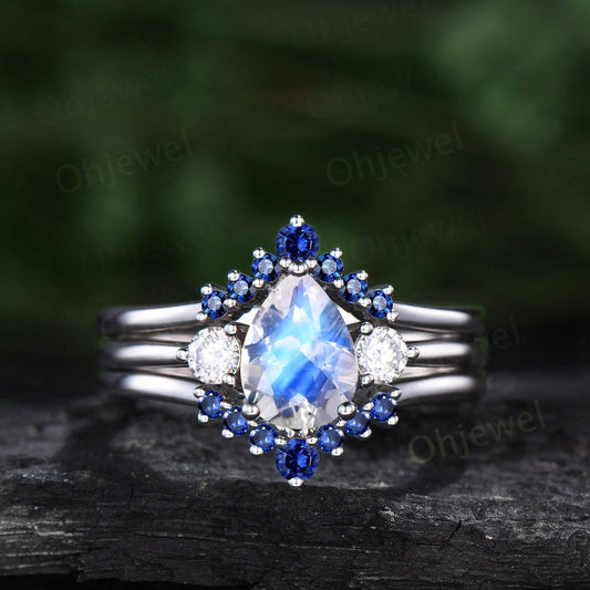 Vintage Pear shaped moonstone engagement ring 14k white gold three stone moissanite ring women sapphire wedding ring set blue gemstone gift