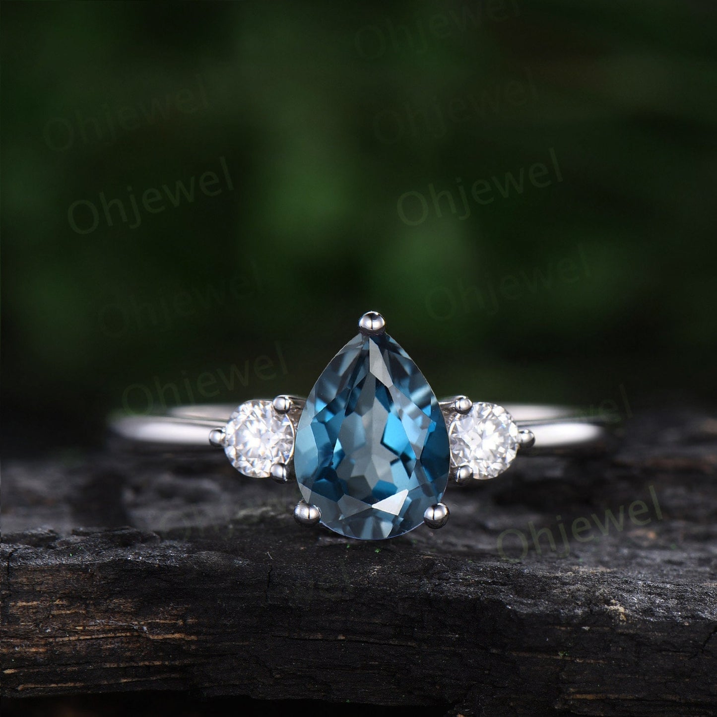 Vintage Pear London blue topaz engagement ring 14k white gold three stone moissanite ring women sapphire bridal promise wedding ring set