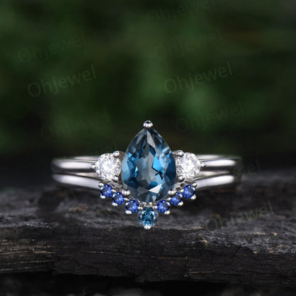 Vintage Pear London blue topaz engagement ring 14k white gold three stone moissanite ring women sapphire bridal promise wedding ring set