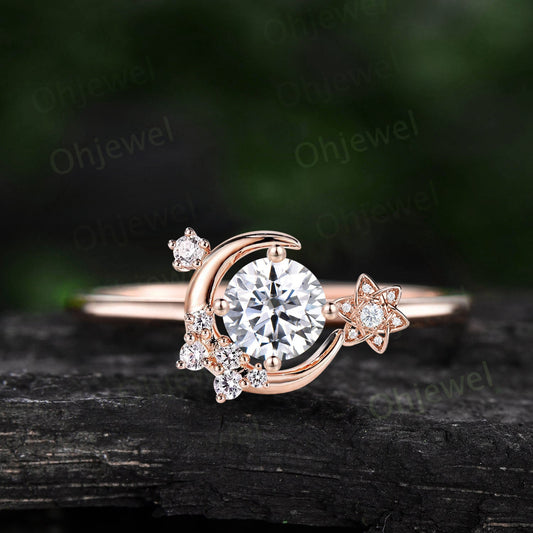 Vintage round cut moissanite engagement ring solid 14k rose gold cluster moon star diamond ring women flower dainty anniversary ring gift