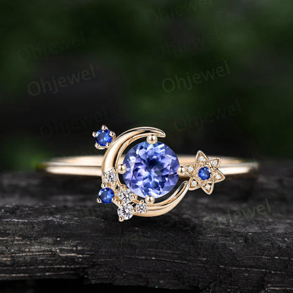 Vintage round Tanzanite engagement ring solid 14k rose gold cluster moon star sapphire ring women flower dainty unique wedding promise ring
