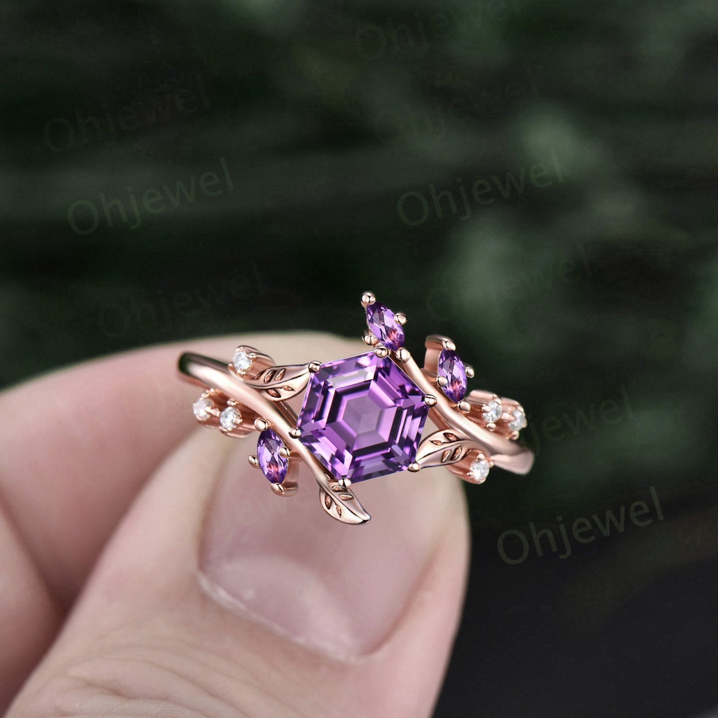 Vintage Hexagon cut amethyst engagement ring rose gold silver cluster diamond ring leaf nature inspired unique bridal wedding ring women