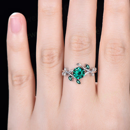 Vintage Hexagon green emerald engagement ring rose gold silver cluster diamond ring leaf nature inspired unique bridal wedding ring women