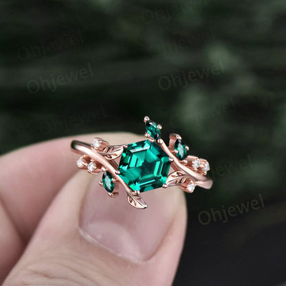 Vintage Hexagon green emerald engagement ring rose gold silver cluster diamond ring leaf nature inspired unique bridal wedding ring women