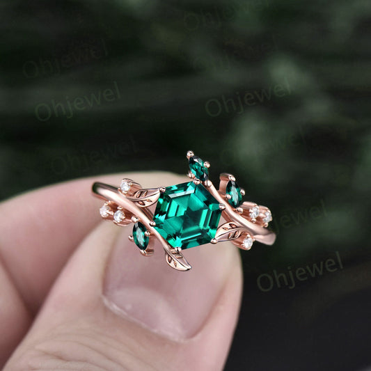 Vintage Hexagon green emerald engagement ring rose gold silver cluster diamond ring leaf nature inspired unique bridal wedding ring women