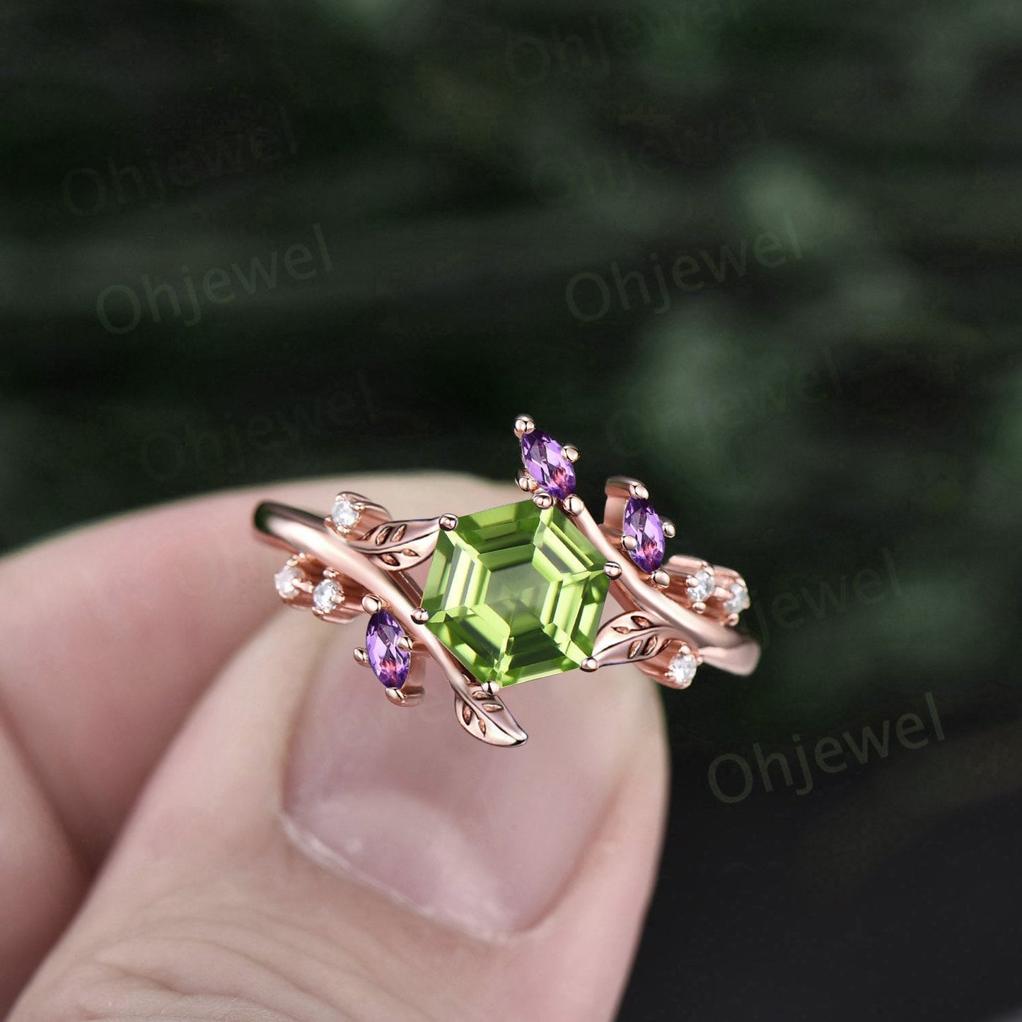 Hexagon peridot ring vintage marquise amethyst ring rose gold leaf nature inspired engagement ring women diamond bridal promise ring her