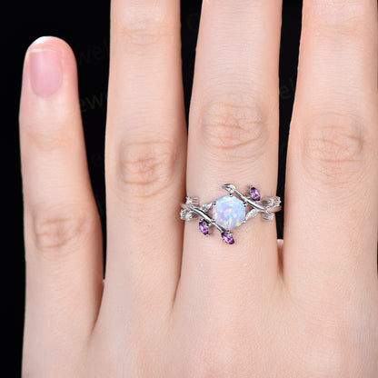 Hexagon white opal ring rose gold art deco amethyst ring leaf unique diamond ring 14k rose gold nature inspired engagement ring women gift