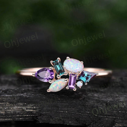 Cluster oval opal ring Personalized kite alexandrite ring rose gold pear baguette amethyst ring women dainty unique wedding ring band gift
