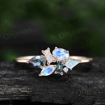 Cluster oval moonstone ring vintage baguette kite opal ring yellow gold pear alexandrite ring women gemstone bridal anniversary ring gift