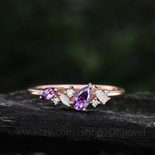 Dainty pear amethyst ring vintage art deco Baguette cut opal ring 14k rose gold unique cluster moissanite wedding band anniversary gift