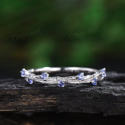 Natural Tanzanite ring vintage half eternity nature inspired leaf wedding band solid 14k white gold anniversary ring gift gemstone women
