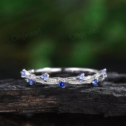 Natural Tanzanite ring vintage half eternity nature inspired leaf wedding band solid 14k white gold anniversary ring gift gemstone women