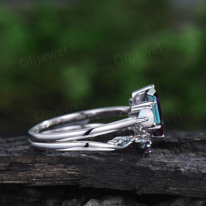 Vintage Long hexagon alexandrite engagement ring opal amethyst ring 14k white gold cluster moissanite anniversary wedding bridal set women