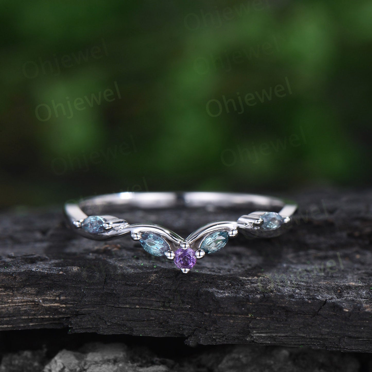 Vintage Long hexagon alexandrite engagement ring opal amethyst ring 14k white gold cluster moissanite anniversary wedding bridal set women