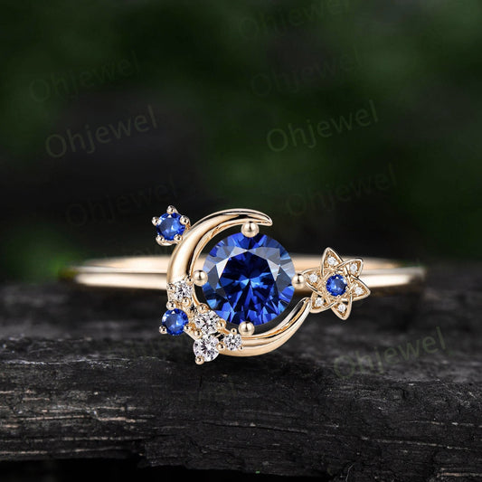 Vintage round blue sapphire engagement ring solid 14k gold cluster moon star diamond ring women flower unique wedding promise ring gift