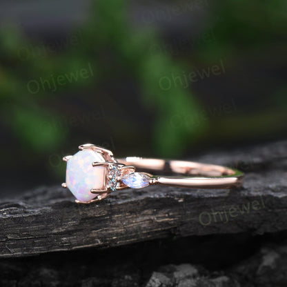 Vintage hexagon cut white opal engagement ring 14k rose gold marquise moonstone ring women dainty alexandrite bridal anniversary ring gift
