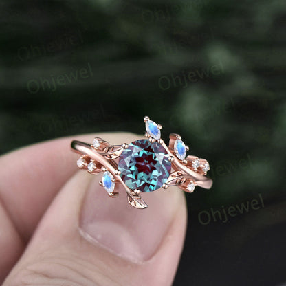 Vintage round Alexandrite engagement ring art deco leaf moonstone ring women rose gold nature inspired moissanite promise wedding ring gift
