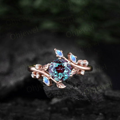 Vintage round Alexandrite engagement ring art deco leaf moonstone ring women rose gold nature inspired moissanite promise wedding ring gift