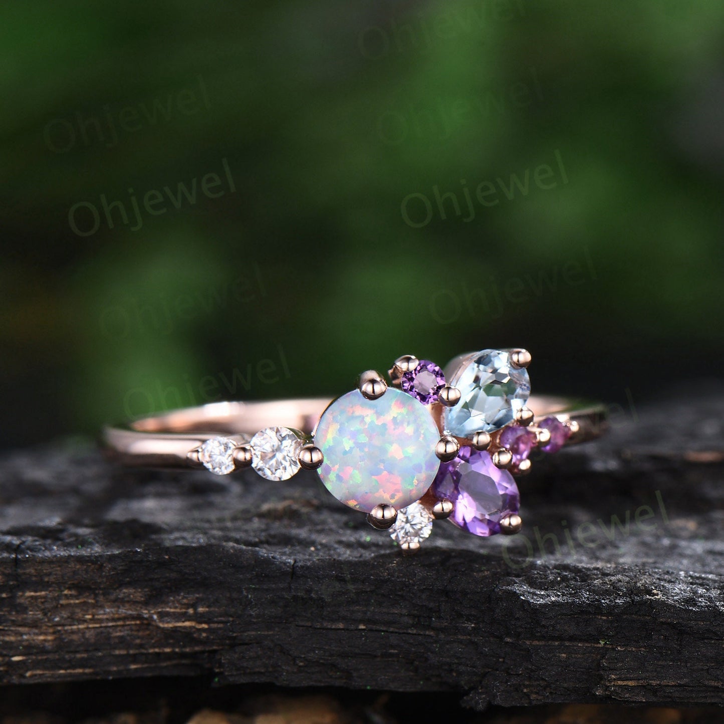 Round opal ring Personalized cluster amethyst ring vintage pear aquamarine ring dainty multi stone ring unique engagement ring women gift