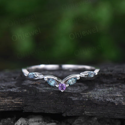 Long hexagon amethyst engagement ring women Trillion opal moissanite ring alexandrite wedding band unique wedding bridal ring set white gold
