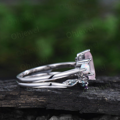 Long hexagon amethyst engagement ring women Trillion opal moissanite ring alexandrite wedding band unique wedding bridal ring set white gold