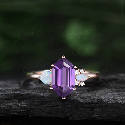 Long hexagon amethyst engagement ring women Trillion opal moissanite ring alexandrite wedding band unique wedding bridal ring set white gold