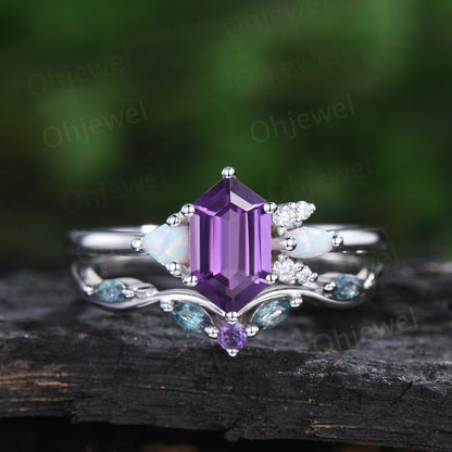Long hexagon amethyst engagement ring women Trillion opal moissanite ring alexandrite wedding band unique wedding bridal ring set white gold