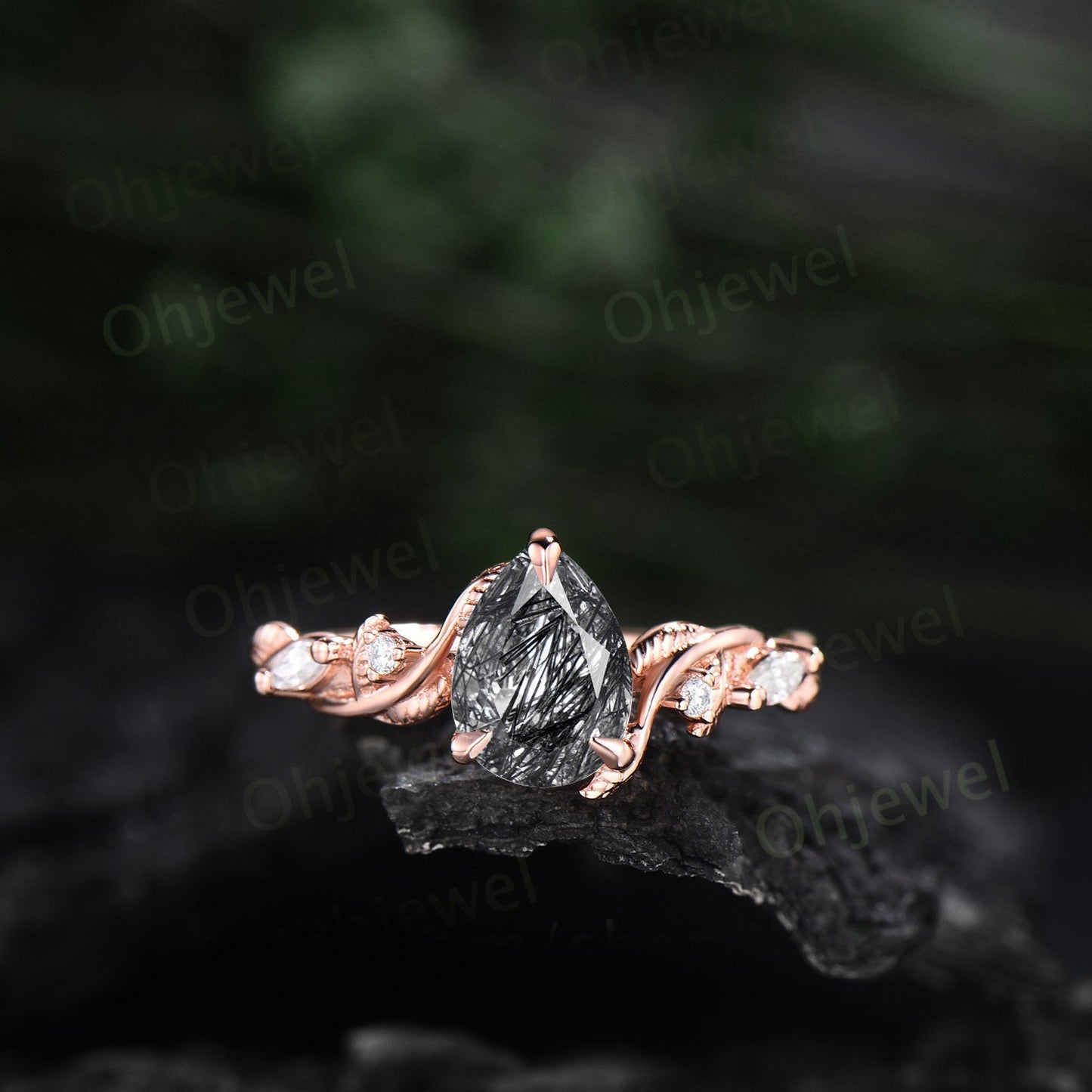 Twig pear shaped black rutilated quartz engagement ring vintage branch leaf rose gold nature inspired diamond bridal wedding ring set women