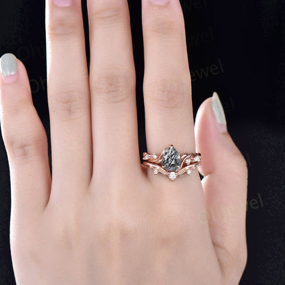 Twig pear shaped black rutilated quartz engagement ring vintage branch leaf rose gold nature inspired diamond bridal wedding ring set women