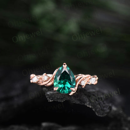 Vintage pear emerald engagement ring leaf ring set rose gold nature inspired five stone diamond ring women art deco twisted bridal set gift