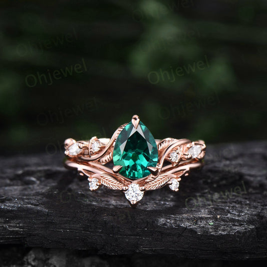 Vintage pear emerald engagement ring leaf ring set rose gold nature inspired five stone diamond ring women art deco twisted bridal set gift