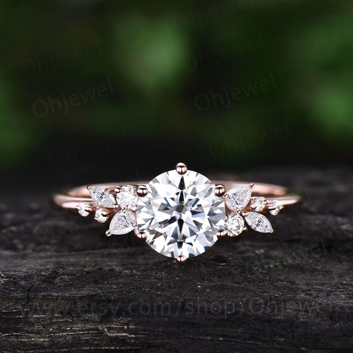 Vintage round cut moissanite engagement ring solid rose gold 6 prong cluster snowdrift diamond ring unique bridal promise wedding ring women