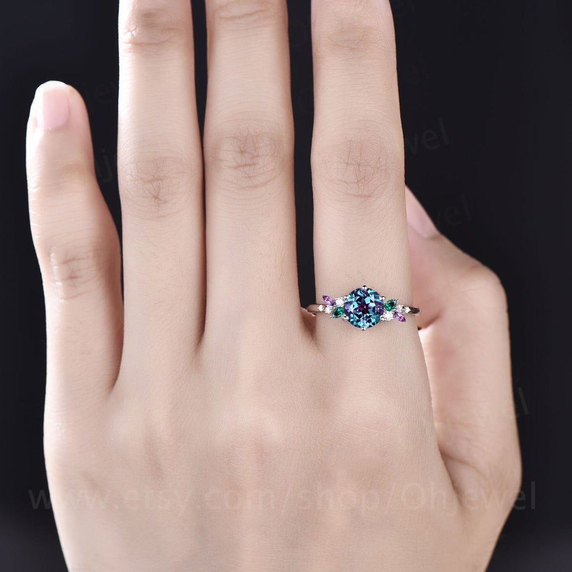 Vintage round alexandrite engagement ring rose gold cluster snowdrift diamond ring emerald amethyst ring women unique bridal wedding ring