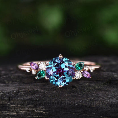 Vintage round alexandrite engagement ring rose gold cluster snowdrift diamond ring emerald amethyst ring women unique bridal wedding ring