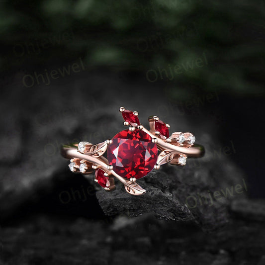 Round red ruby engagement ring rose gold leaf nature inspired cluster diamond ring gemstone unique anniversary wedding promise ring women