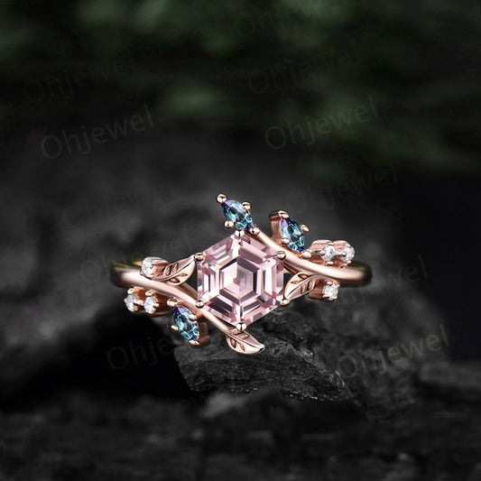 Vintage Hexagon pink sapphire engagement ring 14k rose gold cluster Alexandrite ring leaf nature inspired unique bridal wedding ring women