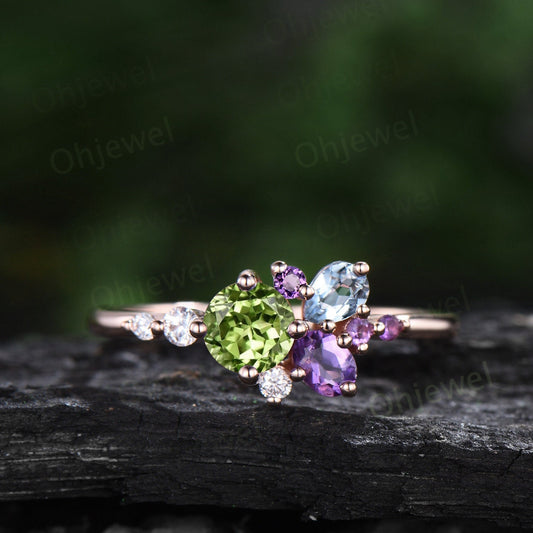 Round peridot ring Personalized cluster amethyst ring vintage pear aquamarine ring dainty multi stone ring unique engagement ring women gift