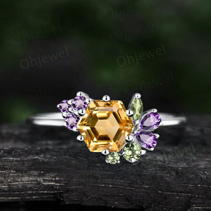 Vintage hexagon citrine engagement ring yellow gold cluster peridot amethyst ring women dainty 6 prong birthstone anniversary ring gift
