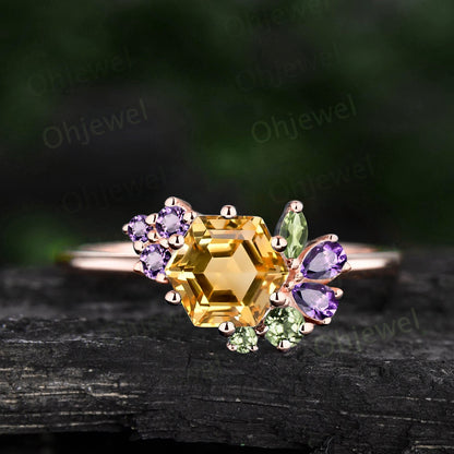 Vintage hexagon citrine engagement ring yellow gold cluster peridot amethyst ring women dainty 6 prong birthstone anniversary ring gift