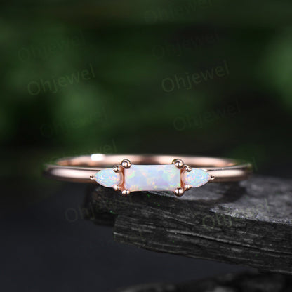 Dainty Baguette cut white opal ring vintage three stone pear amethyst ring 14k rose gold unique engagement ring women anniversary ring gift