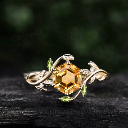 Vintage Hexagon citrine engagement ring nature inspired peridot ring women twig leaf moissanite ring yellow gold branch wedding ring gift