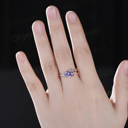 Round Tanzanite ring Personalized cluster amethyst ring vintage pear aquamarine ring dainty multi stone ring unique engagement ring women