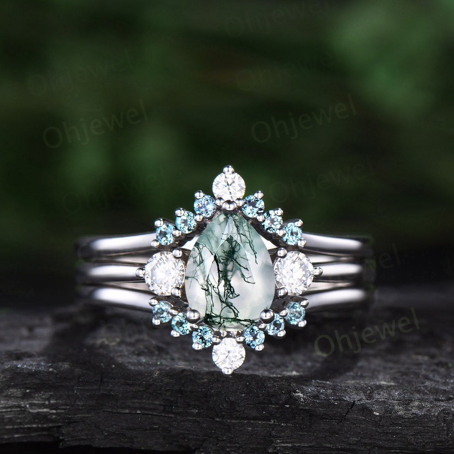 Pear shaped natural moss agate engagement ring set women white gold curved alexandrite ring Personalized moissanite unique wedding ring set