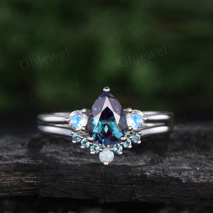 Pear shaped alexandrite engagement ring set three stone moonstone opal ring women white gold unique bridal promise ring set gemstone gift