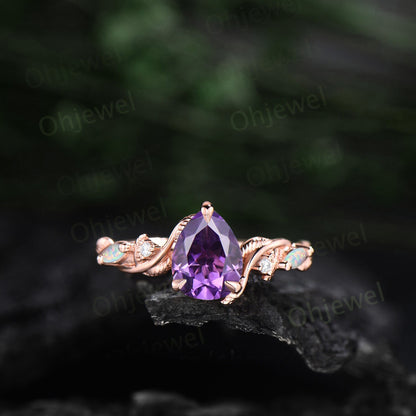 Vintage pear shaped amethyst engagement ring leaf opal ring set  nature inspired branch moissanite promise wedding bridal ring set women