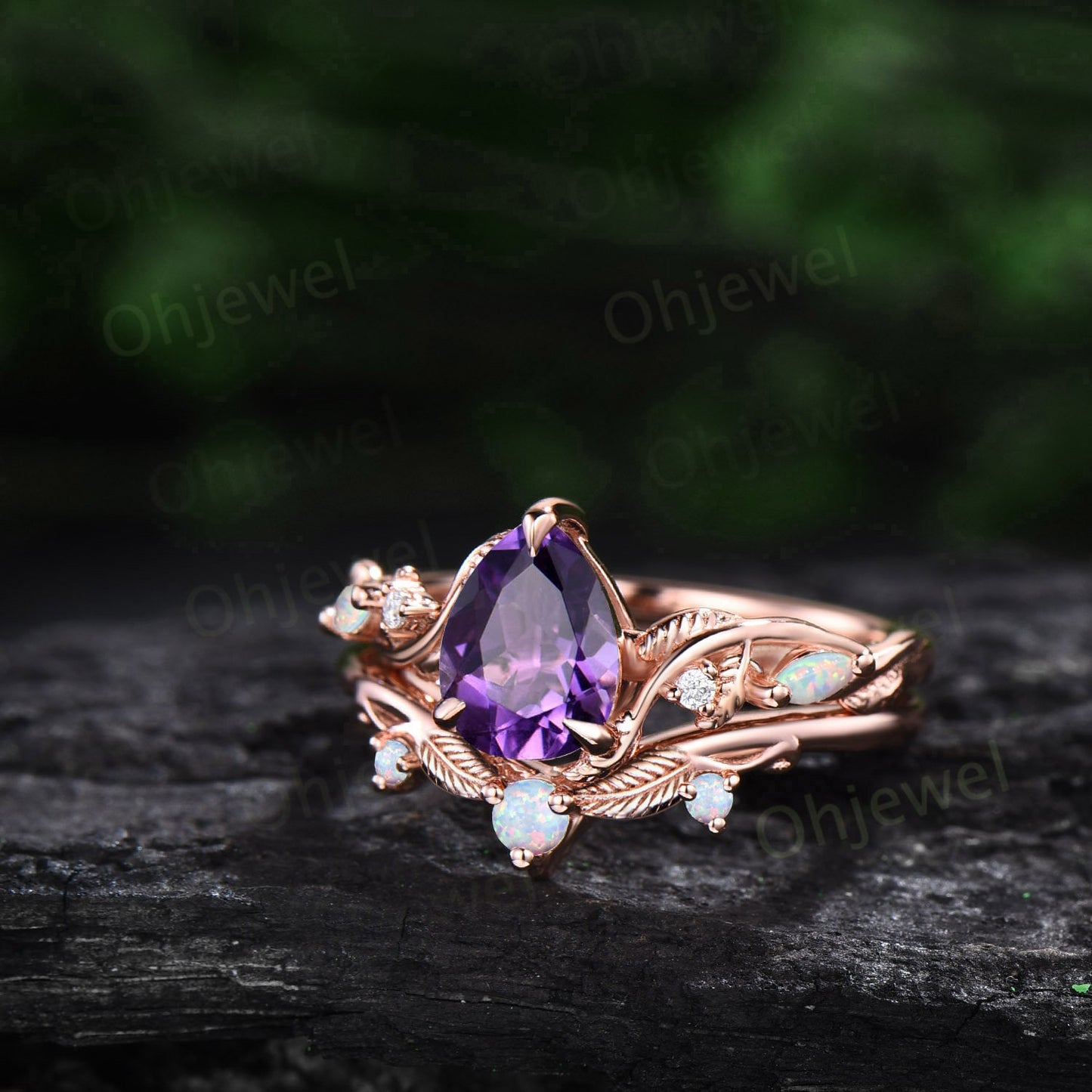 Vintage pear shaped amethsyt engagement ring leaf opal ring set  nature inspired branch moissanite promise wedding bridal ring set women