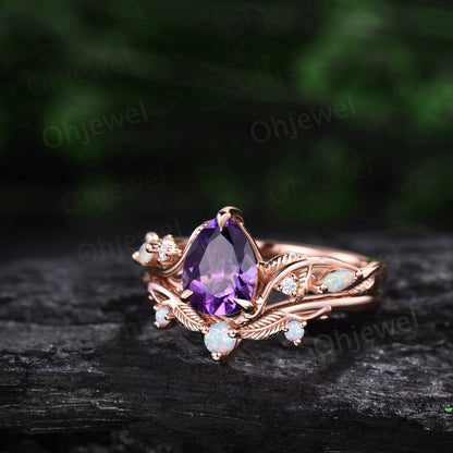 Vintage pear shaped amethyst engagement ring leaf opal ring set  nature inspired branch moissanite promise wedding bridal ring set women