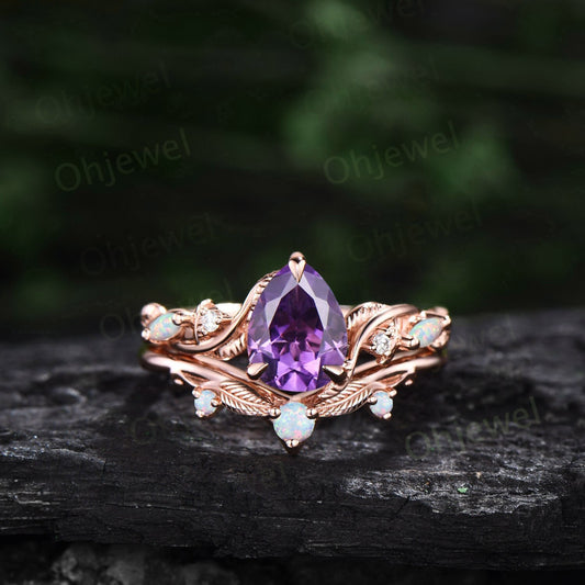 Vintage pear shaped amethsyt engagement ring leaf opal ring set  nature inspired branch moissanite promise wedding bridal ring set women