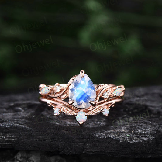 Vintage pear shaped moonstone engagement ring leaf opal ring set  nature inspired branch moissanite promise wedding bridal ring set women